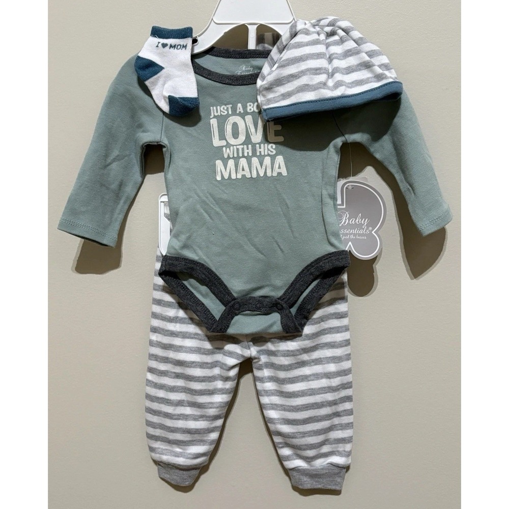 Baby Essentials Boy 6M I Love Mama Mint Green Gray 4 Piece Outfit Set NWT 83099